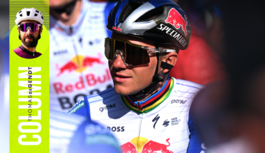 Photo of Remco Evenepoel, overlaid with a banner showing columnist Thomas De Gendt