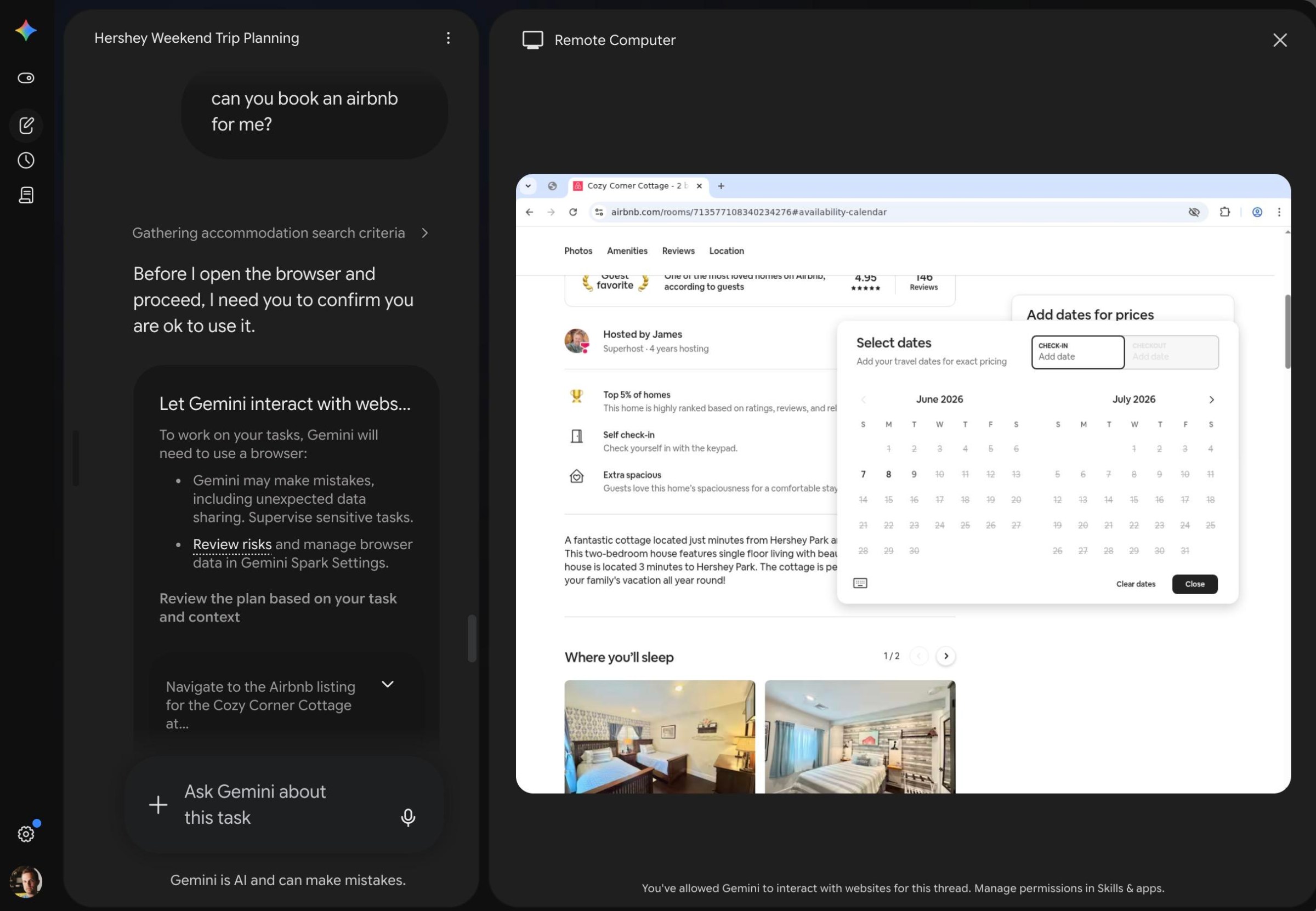 A screenshot showing Google Spark attempting to book an Airbnb.