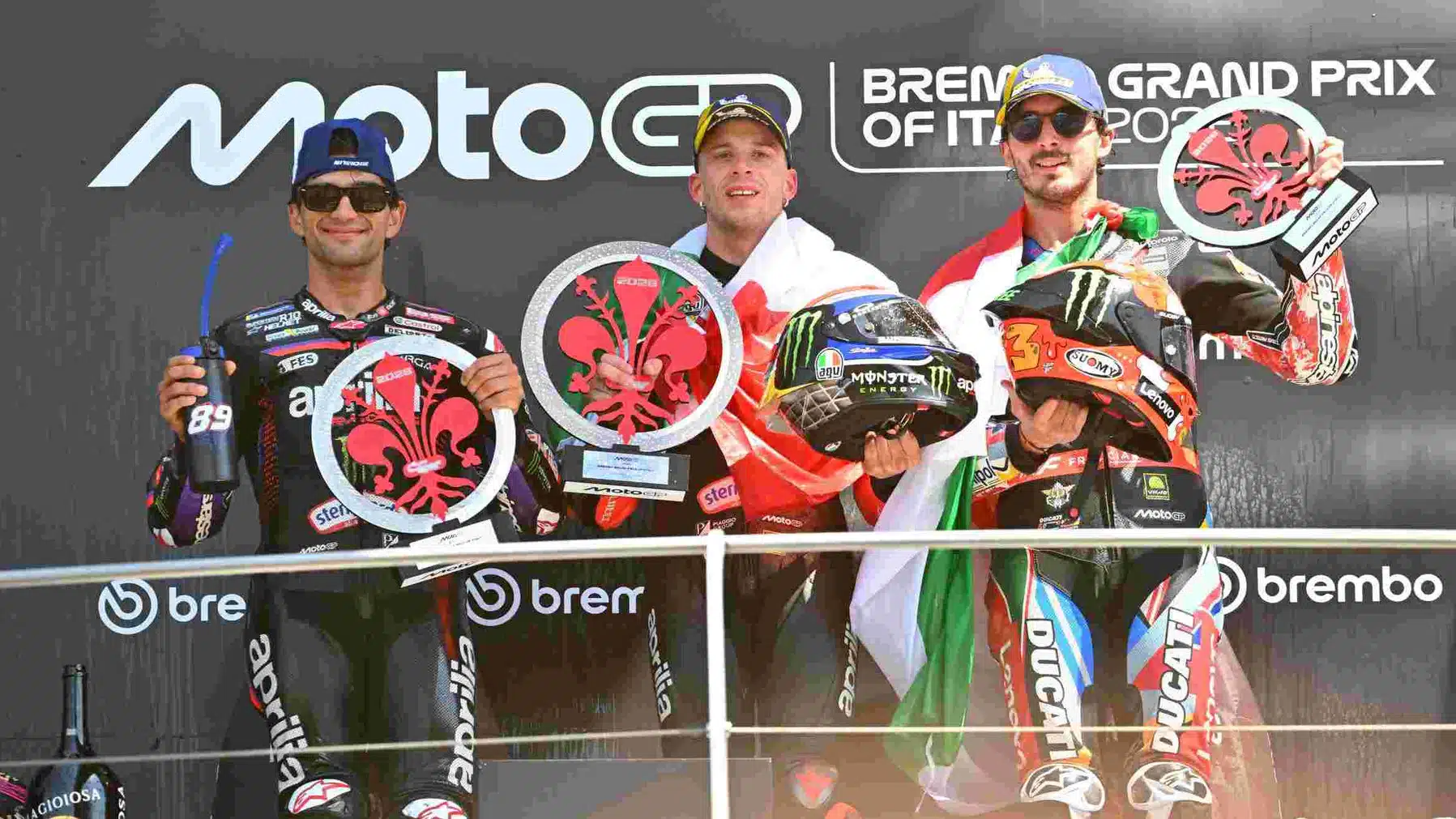 Aprilia’s Bezzecchi (centre) and Martin (left) soundly beat Ducati’s Bagnaia on home asphalt