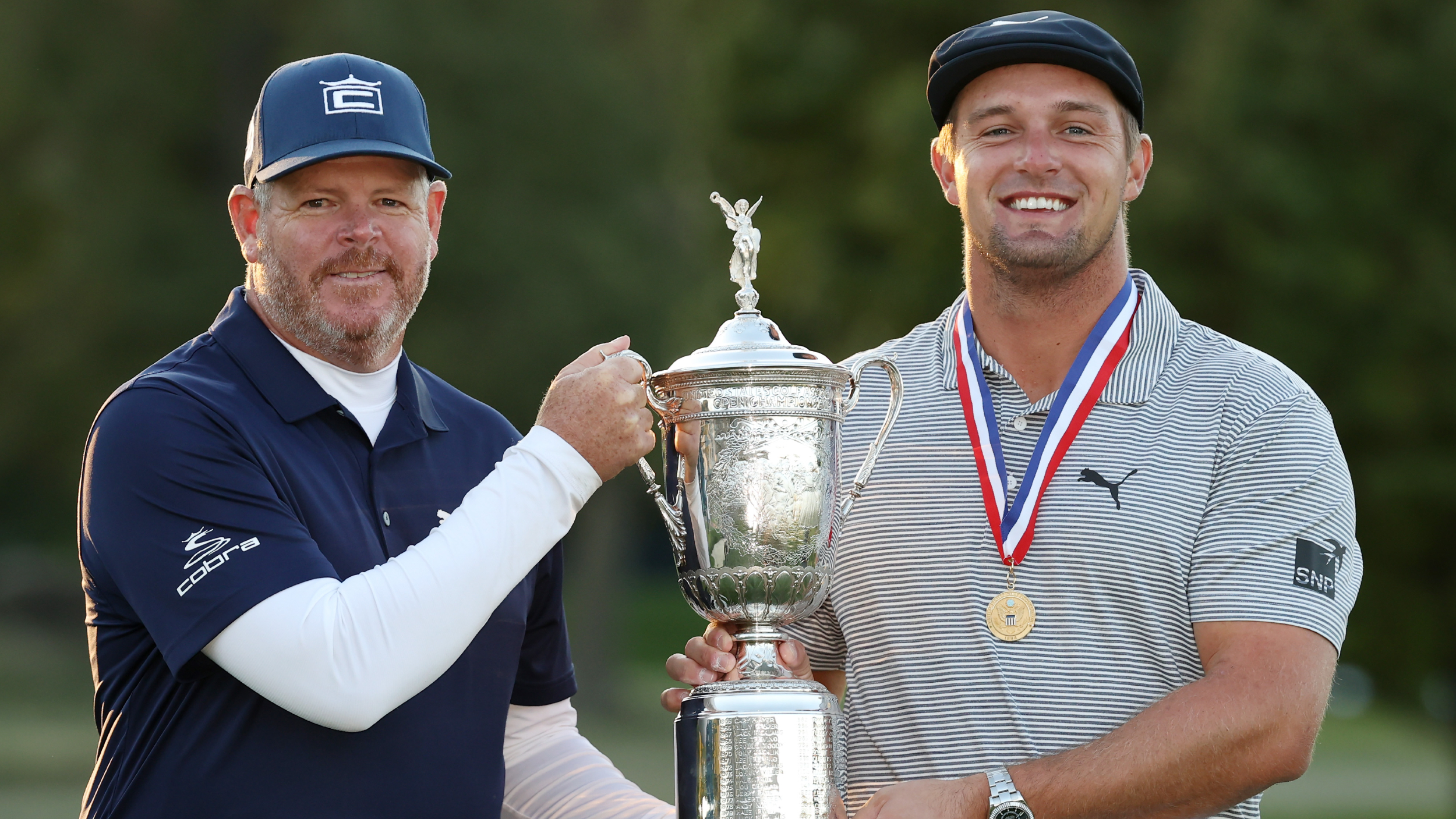 Tim Tucker and Bryson DeChambeau with the US Open trophy
