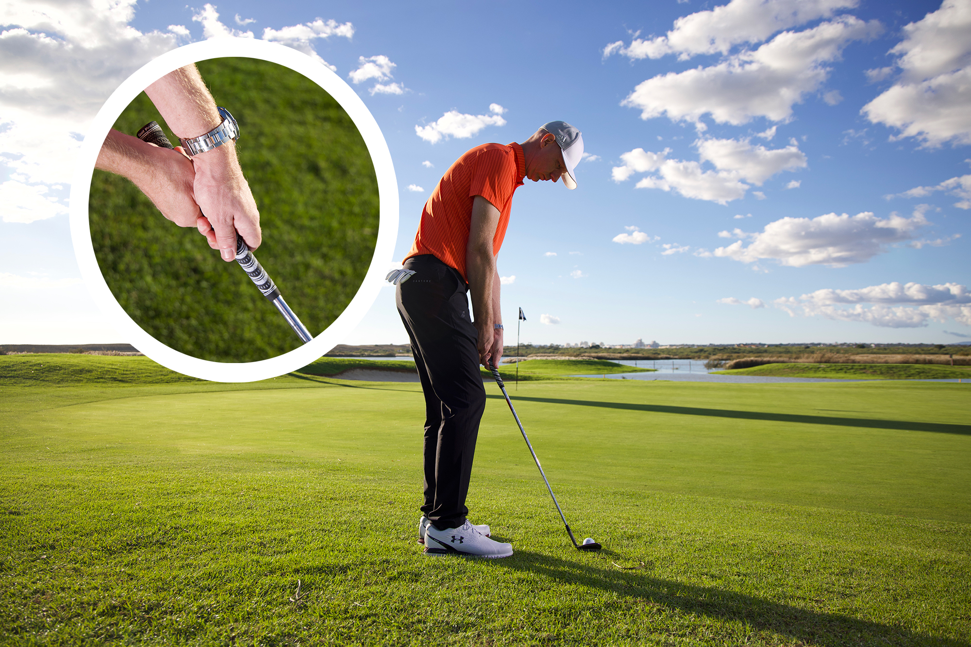 Ged Walters demonstrating the correct set up for a cross-handed chip shot with an inset highlighting a close up of the hand position