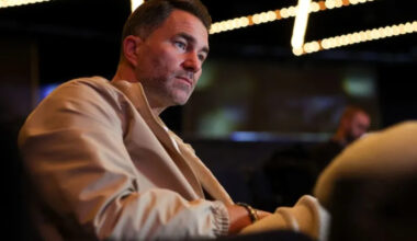 Eddie Hearn attends a public weigh-in event for Matchroom Boxing