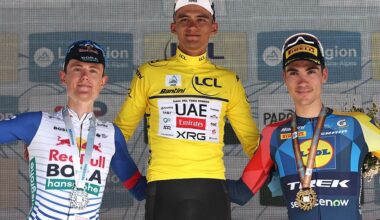 Luke Tuckwell, Isaac del Toro, and Juan Ayuso on the final podium of the 2026 Tour Auvergne-Rh&ocirc;ne-Alpes