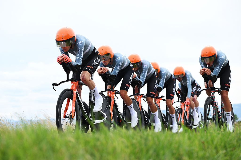 PERREUX, FRANCE - JUNE 09: (L-R) Carlos Rodriguez of Spain, Joshua Tarling of Great Britain and Netcompany INEOS Cycling Team compete during the 78th Tour Auvergne-Rhone-Alpes 2026, Stage 3 a 28.4km team time trial stage from Perreux to Perreux / #UCIWT / on June 09, 2026 in Perreux, France. (Photo by Dario Belingheri/Getty Images)