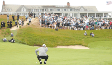 Rory McIlroy lines up a putt on the 18th green at Shinnecock Hills during round one of the 2026 US Open