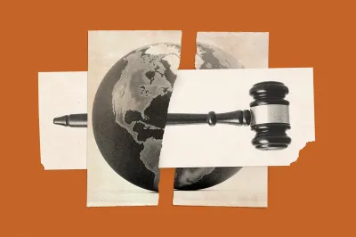 An abstract artistic collage with a grainy texture, set against a solid orange background. The central image features a monochrome depiction of a globe showing North and South America, which is torn vertically down the middle into two separate paper pieces. Layered horizontally across the center of the globe are two overlapping, white rectangular paper cutouts. A black legal gavel rests horizontally on top of these white strips, with its handle extending to the left and its head positioned on the right.
