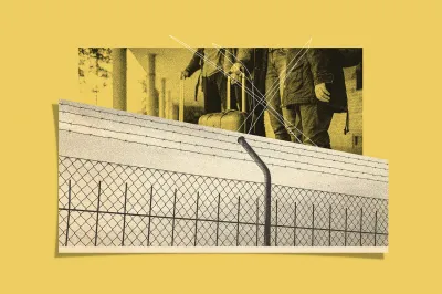An artistic collage with a grainy texture set against a solid yellow background. The top half features a rectangular, yellow-tinted photograph showing the lower bodies of multiple people standing outside with luggage, including a rolling suitcase. White, abstract geometric lines are layered over this section. The bottom half consists of a separate, overlapping paper cutout depicting a close-up of a chain-link fence topped with several strands of barbed wire, creating a visual barrier beneath the people.