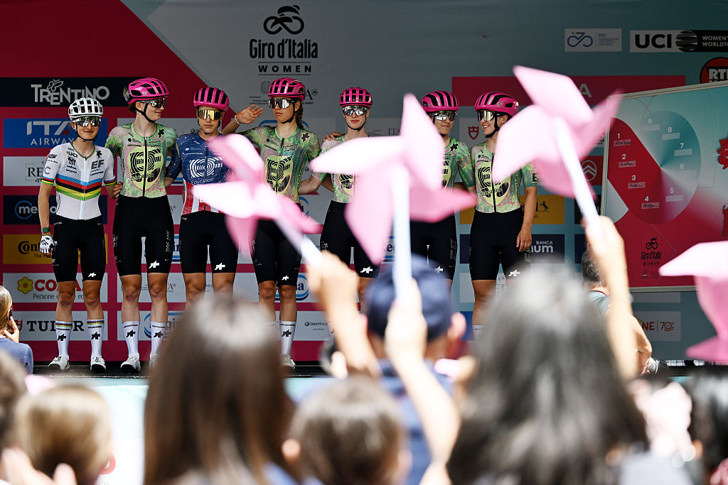 Team EF Education-Oatly prior to stage 6 of the 2026 Giro d'Italia Women, a 160km stage from Ala to Brescello / #UCIWWT / on June 04, 2026 in Ala, Italy. (Photo by Luc Claessen/Getty Images)