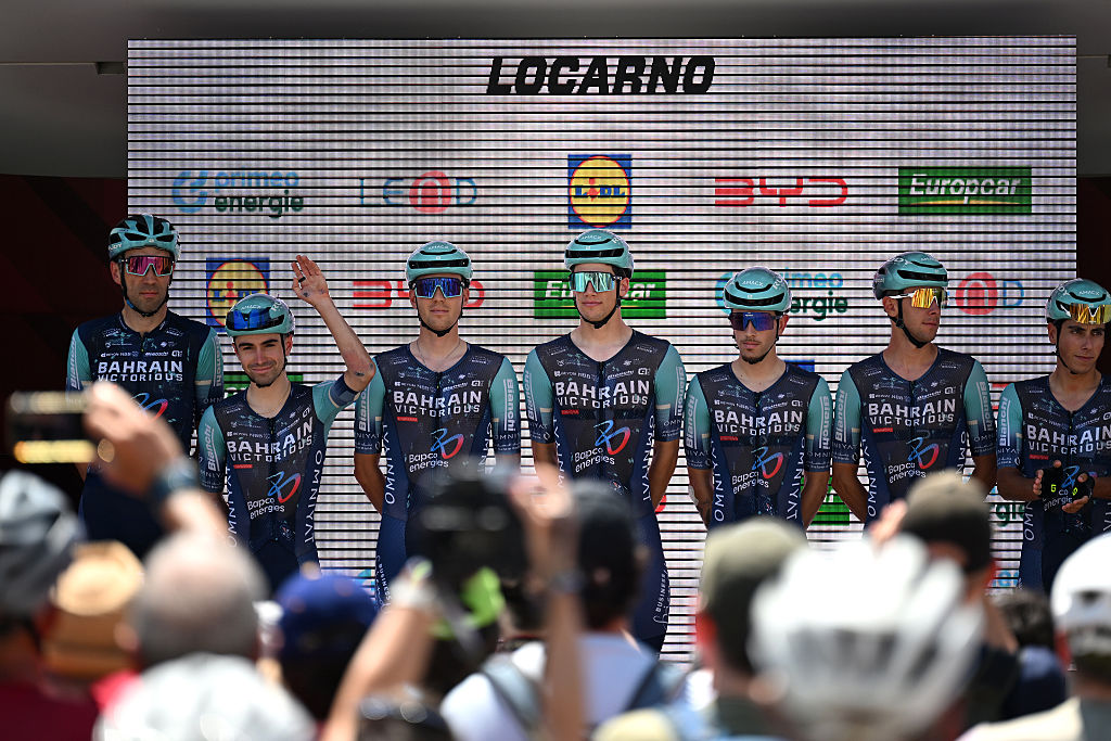 LOCARNO, SWITZERLAND - JUNE 18: Antonio Tiberi of Italy, Afonso Eulalio of Portugal, Kamil Gradek of Poland, Lenny Martinez of France, Pau Miquel of Spain, Alec Segaert of Belgium, Attila Valter of Hungary and Team Bahrain - Victorious prior to the 89th Tour de Suisse 2026, Stage 2 a 157.7km stage from Locarno to Locarno / #UCIWT / on June 18, 2026 in Locarno, Switzerland. (Photo by Tim de Waele/Getty Images)