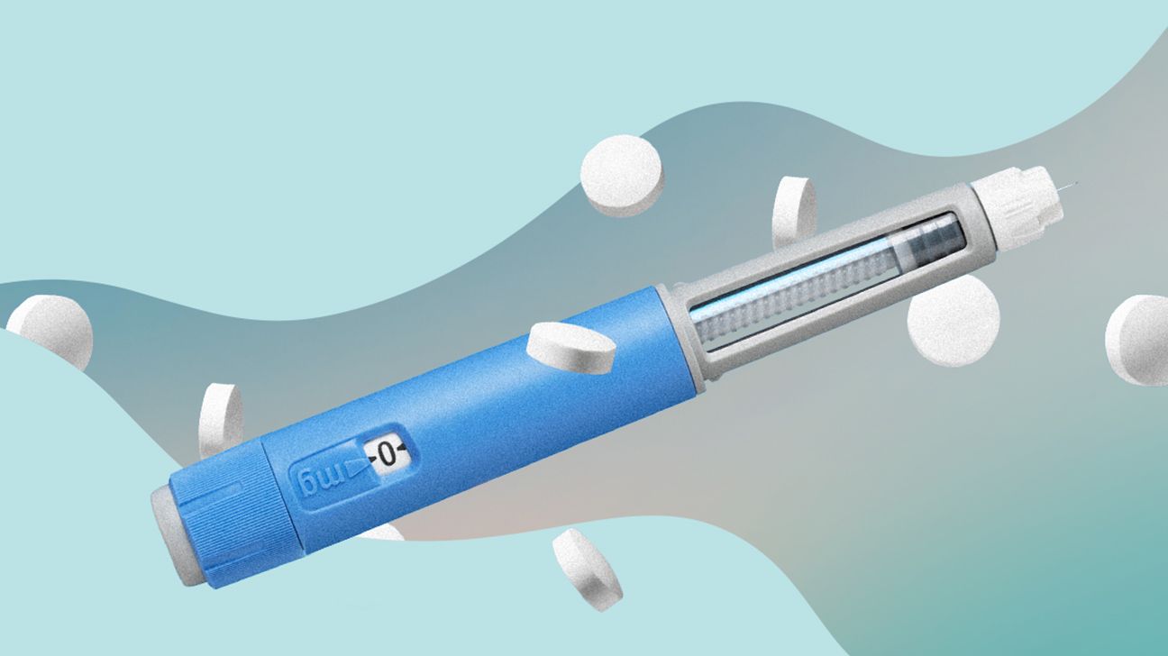 GLP-1 injection pen with pills floating on a blue background