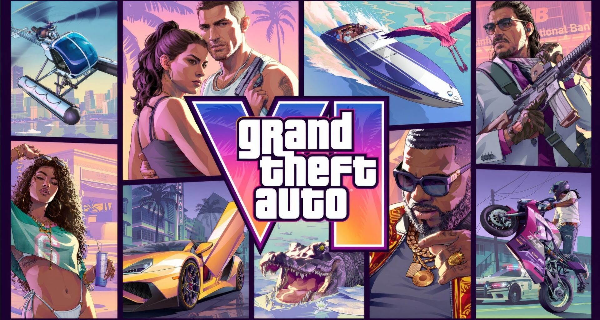 Promotional artwork for 'Grand Theft Auto VI' featuring various characters and scenes, including a helicopter, luxury car, speedboat, and motorbike, surrounding the central game logo.