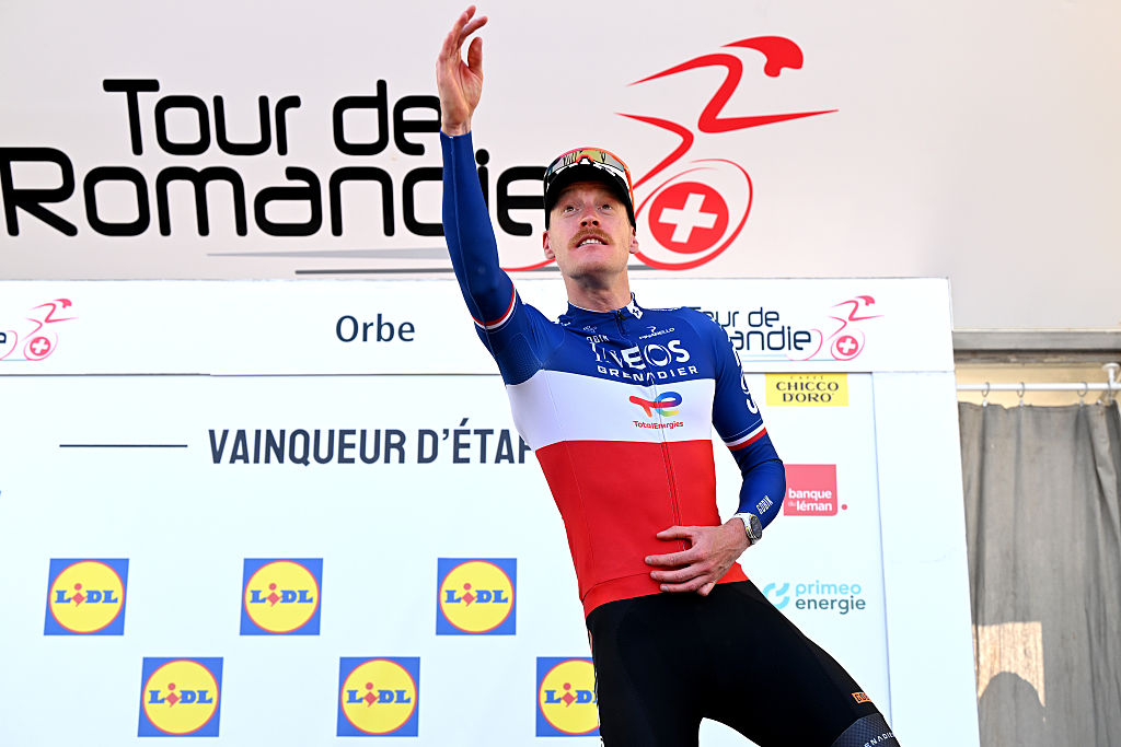 ORBE, SWITZERLAND - MAY 01: Dorian Godon of France and Team INEOS Grenadiers celebrates at podium as stage winner during the 79th Tour de Romandie 2026, Stage 3 a 176.6km stage from Orbe to Orbe / #UCIWT / on May 01, 2026 in Orbe, Switzerland. (Photo by Dario Belingheri/Getty Images)