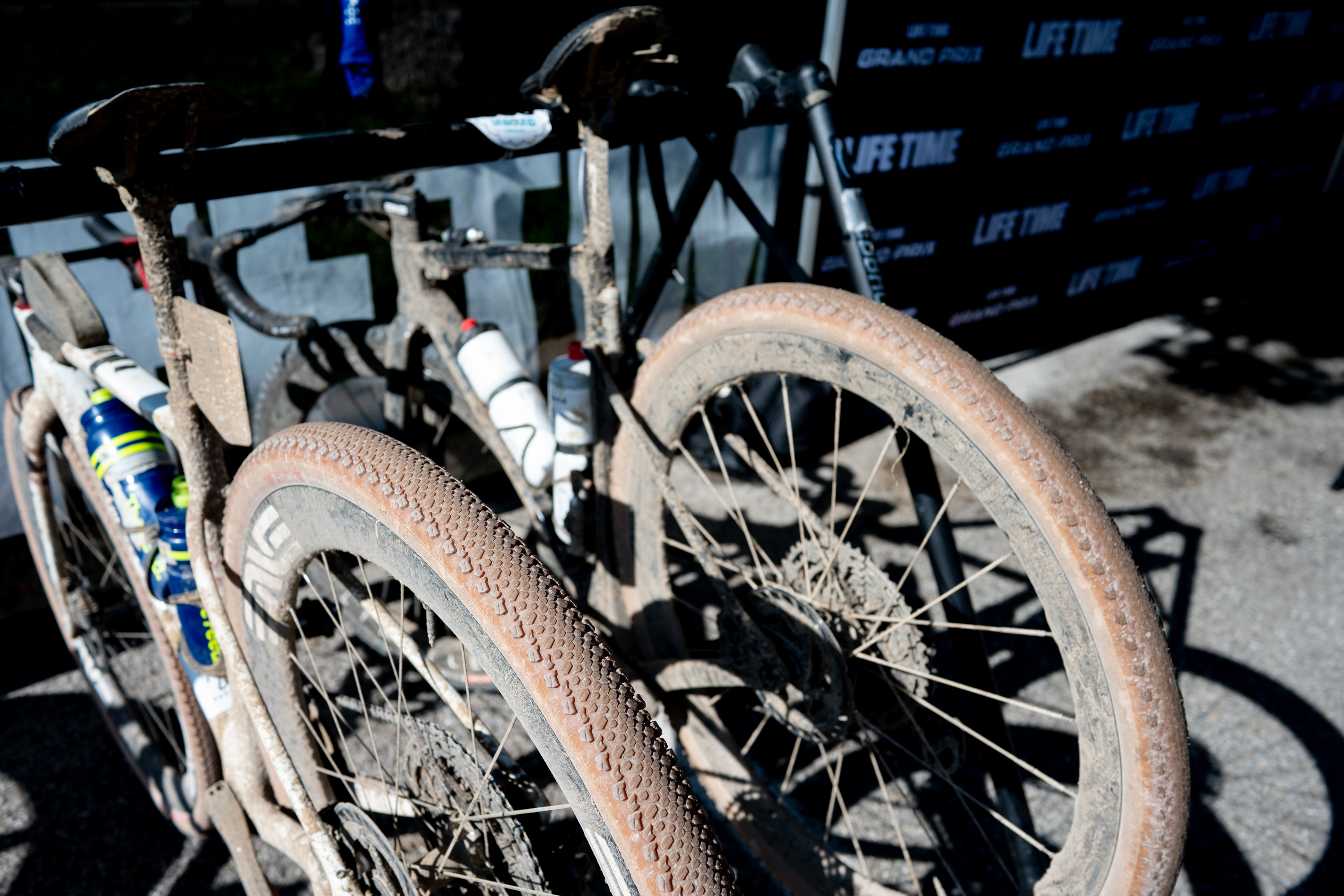 Photos of the bikes from the finish line of Unbound Gravel 2026