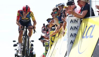 Lidl-Trek's Spanish rider Juan Ayuso cycles to the finish line of the 7th stage of the Tour Auvergne-Rhone-Alpes cycling race (formerly known as the Criterium du Dauphine), 133,6km between La Bridoire and Grand Colombier in the French Alps on June 13, 2026. (Photo by Anne-Christine POUJOULAT / AFP)