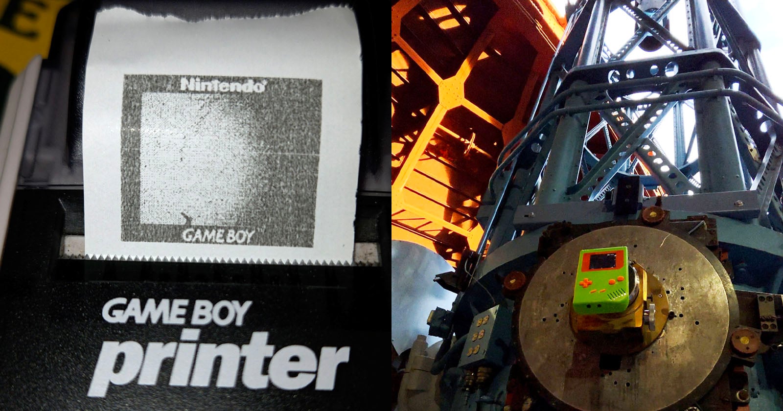 A split image: left, a Game Boy Printer prints a pixelated image; right, a lime green Game Boy is attached to industrial machinery under a metal structure.