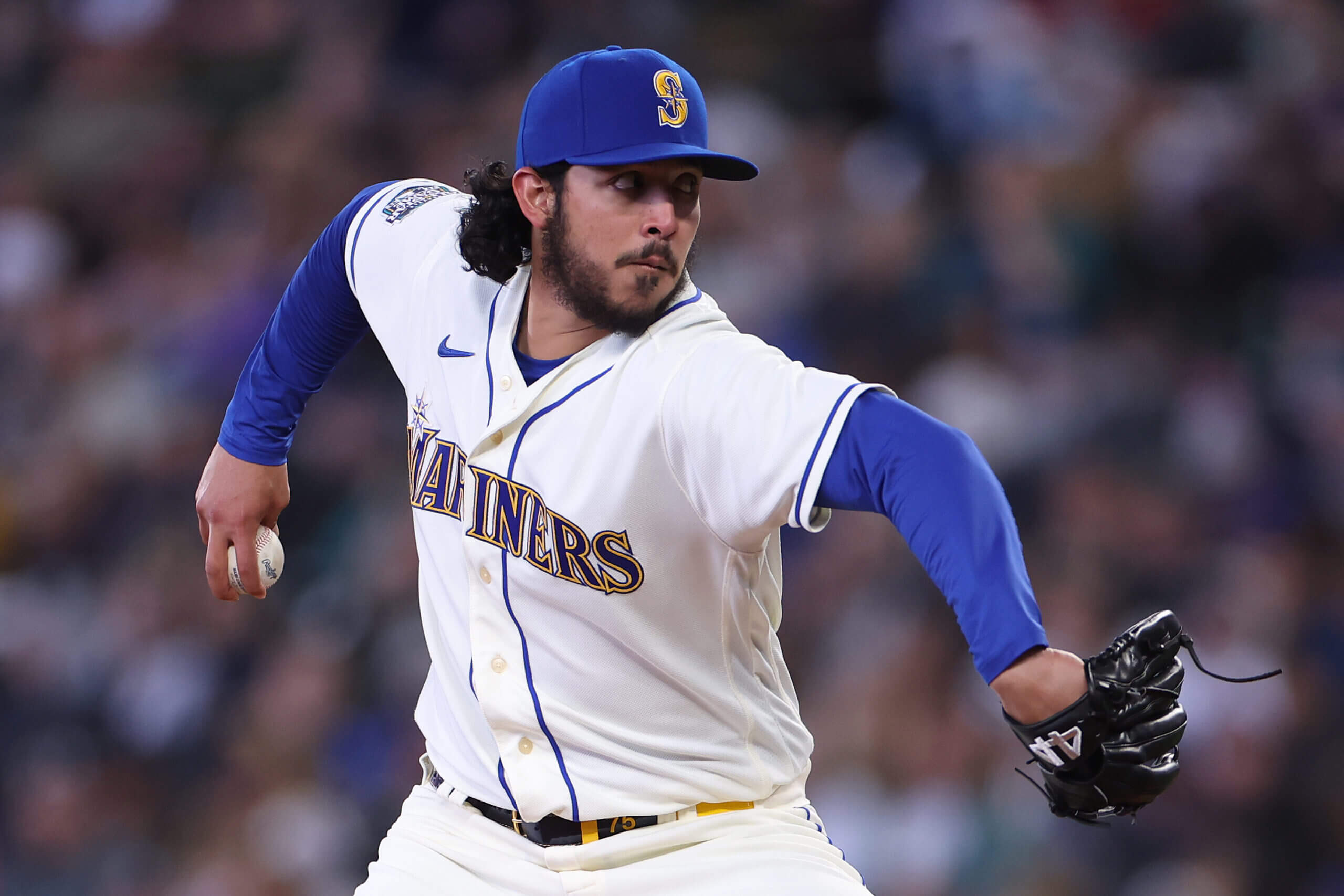 N - APRIL 02: Andres Munoz #75 of the Seattle Mariners pitches during the eighth inning against the Cleveland Guardians at T-Mobile Park on April 02, 2023 in Seattle, Washington.