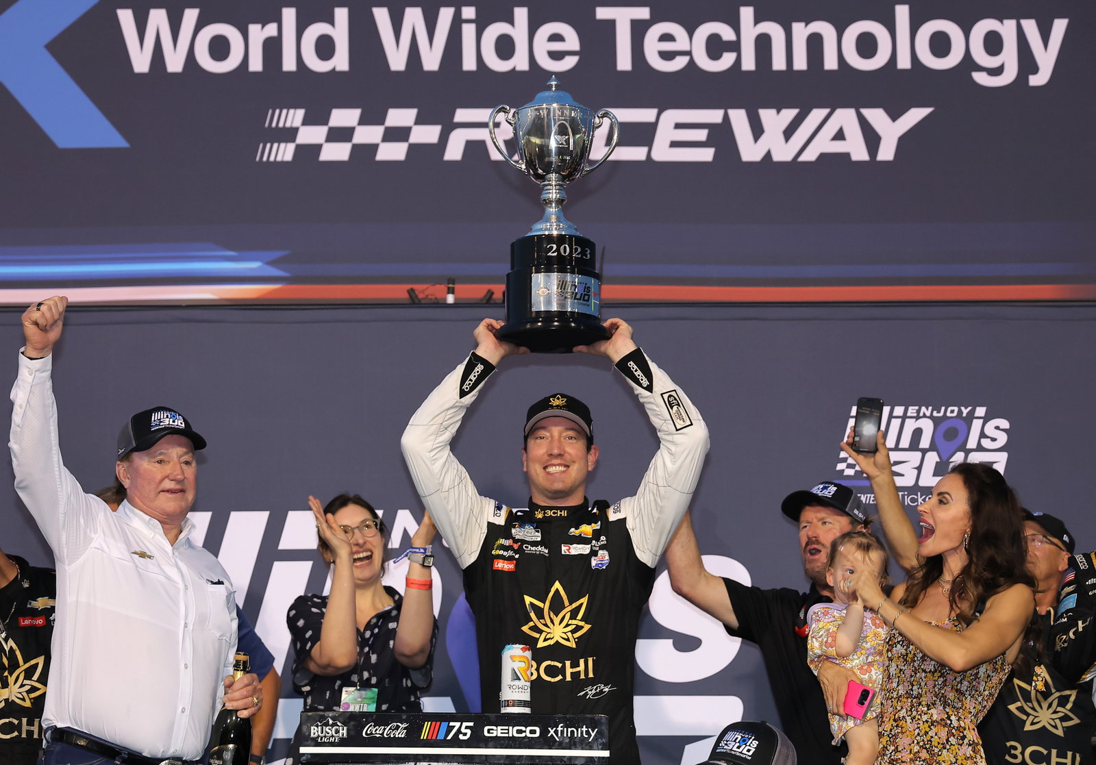 Richard Childress (left) celebrates with Kyle Busch after winning at Gateway.