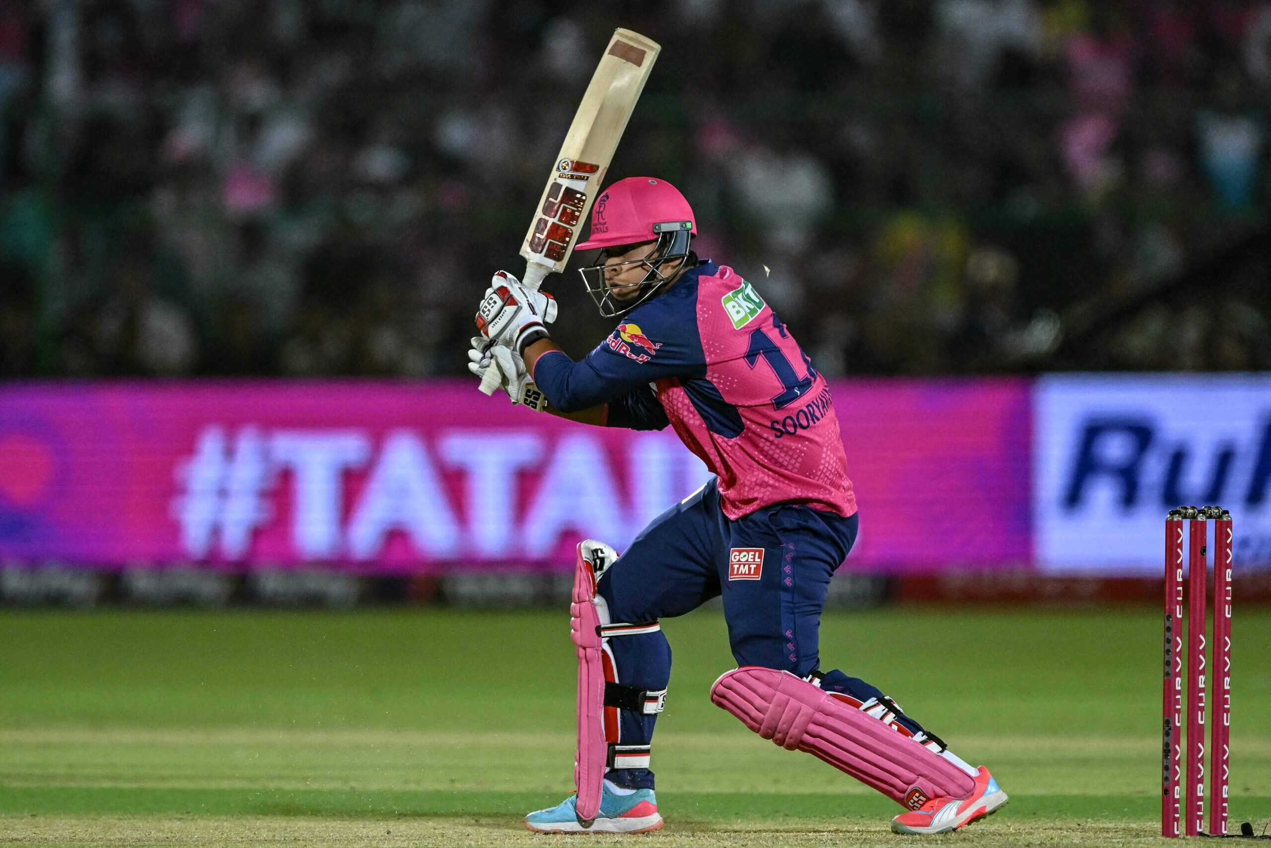 Vaibhav Suryavanshi crashes a cover drive to the fence for Rajasthan Royals