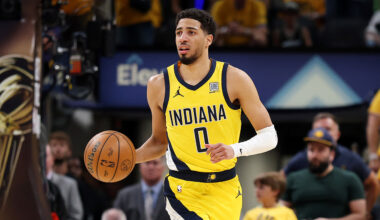 Tyrese Haliburton #0 of the Indiana Pacers dribbles the ball against the Oklahoma City Thunder during the second quarter in Game Three of the 2025 NBA Finals at Gainbridge Fieldhouse on June 11, 2025 in Indianapolis, Indiana.