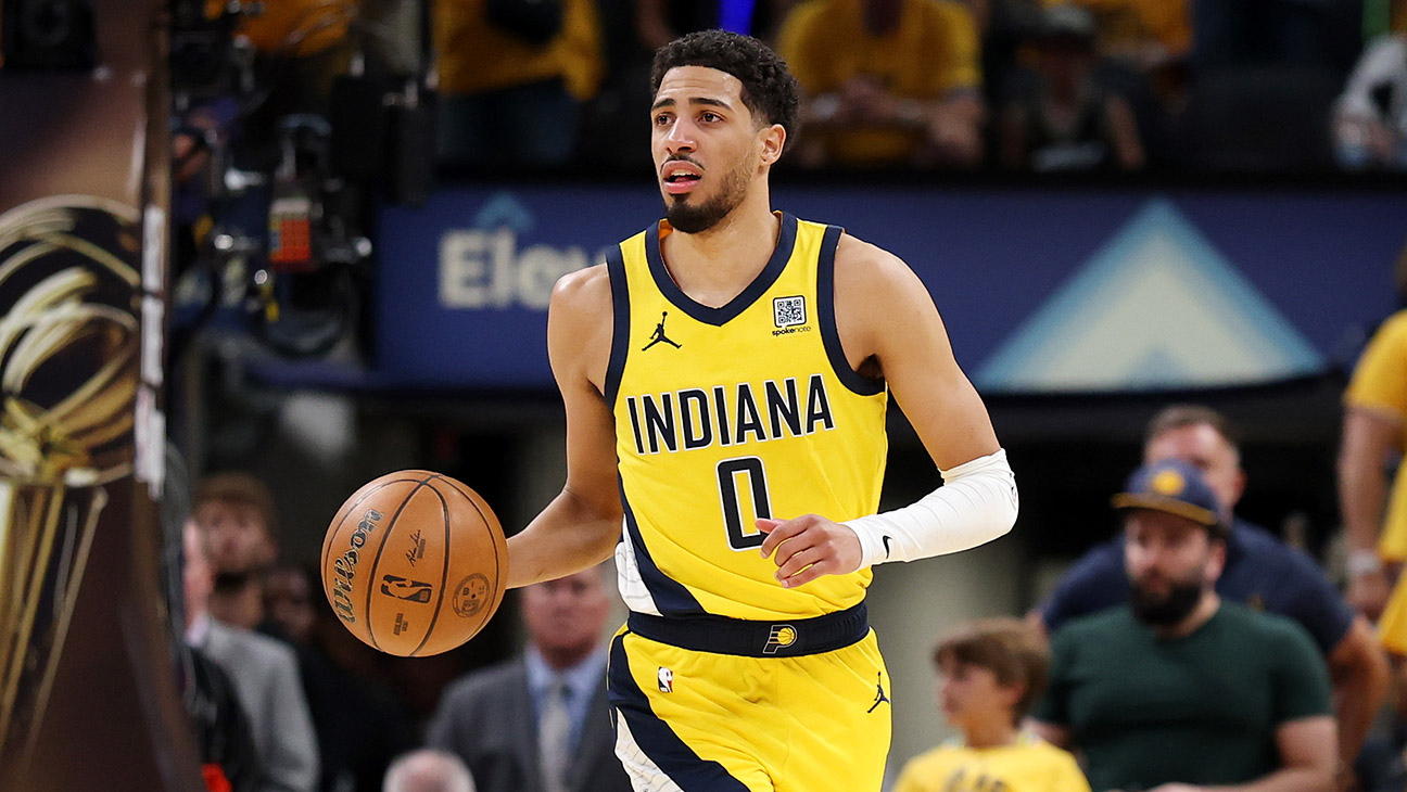 Tyrese Haliburton #0 of the Indiana Pacers dribbles the ball against the Oklahoma City Thunder during the second quarter in Game Three of the 2025 NBA Finals at Gainbridge Fieldhouse on June 11, 2025 in Indianapolis, Indiana.
