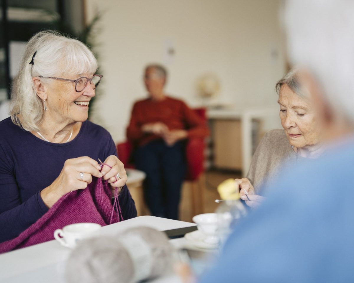 Senior female friends spending leisure time knitting while sitting at table in retirement home - stock photo