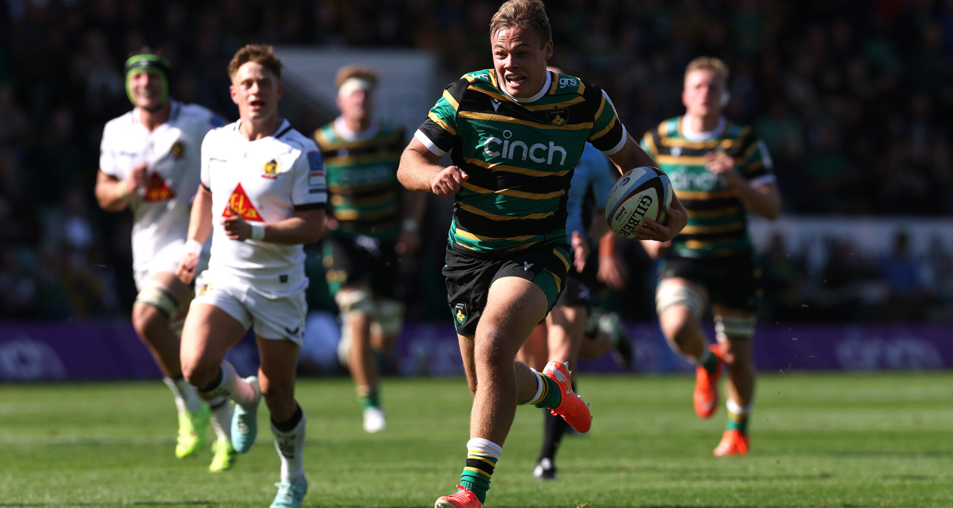 Northampton Saints' Tom Litchfield runs in his team's fourth try during the Gallagher PREM match against Exeter Chiefs in September 2025.
