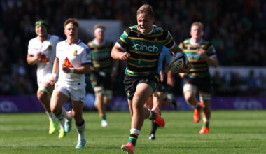 Northampton Saints' Tom Litchfield runs in his team's fourth try during the Gallagher PREM match against Exeter Chiefs in September 2025.