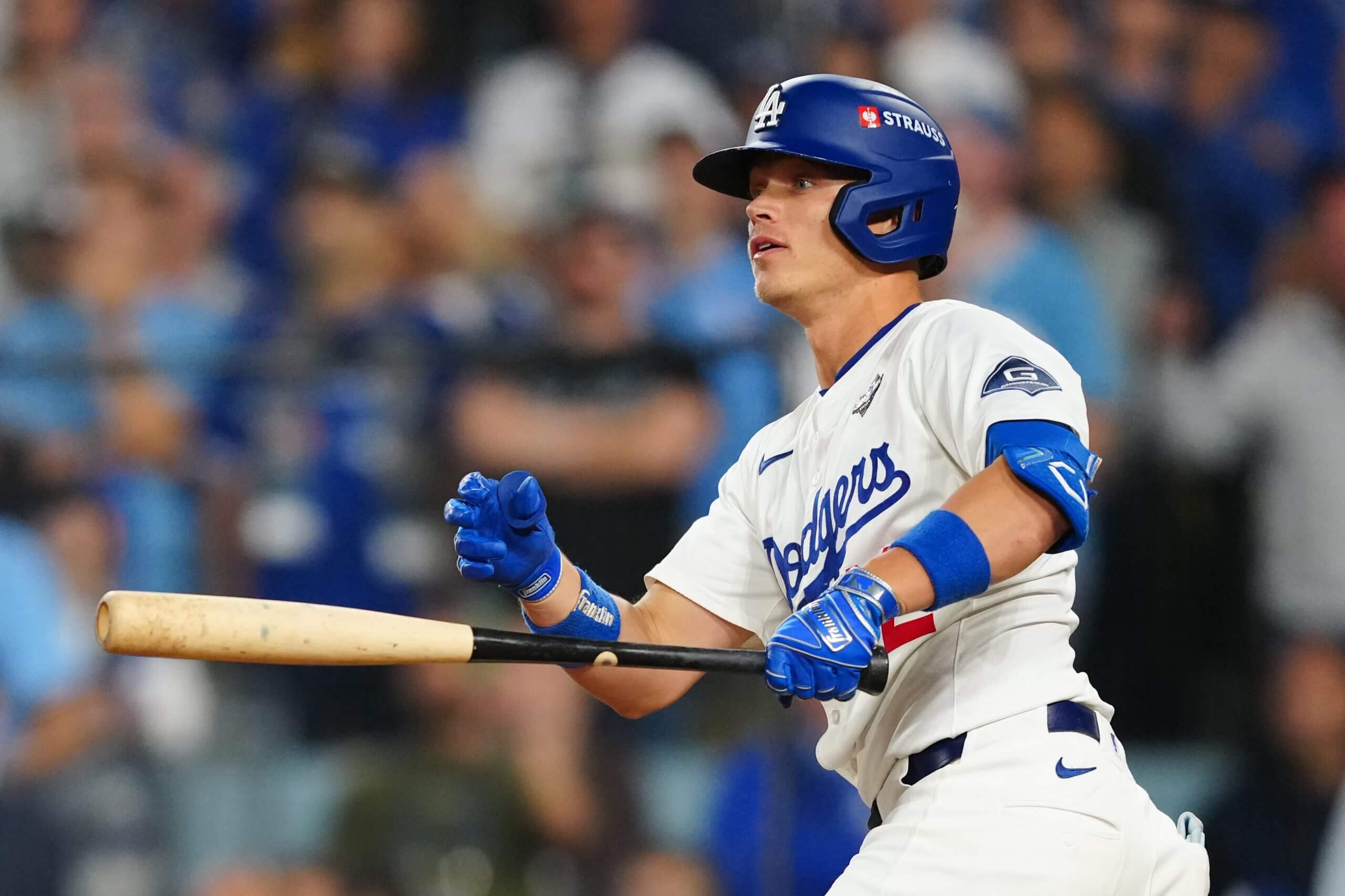Alex Call #12 of the Los Angeles Dodgers bats in the 13th inning during Game Three of the 2025 World Series presented by Capital One between the Toronto Blue Jays and the Los Angeles Dodgers at Dodger Stadium on Monday, October 27, 2025 in Los Angeles, California.