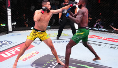 LAS VEGAS, NEVADA - NOVEMBER 08: (L-R) Gabriel Bonfim of Brazil punches Randy Brown of Jamaica in a welterweight fight during the UFC Fight Night event at UFC APEX on November 08, 2025 in Las Vegas, Nevada. (Photo by Jeff Bottari/Zuffa LLC)