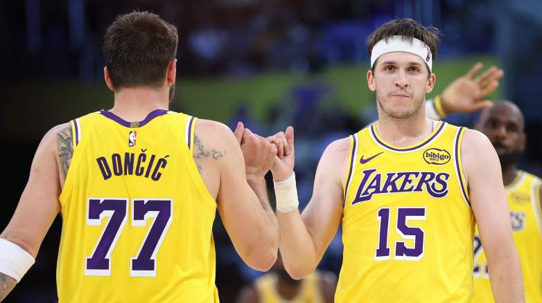 Luka Doncic and Austin Reaves of the Los Angeles Lakers during playoff game before Game 6 vs Rockets