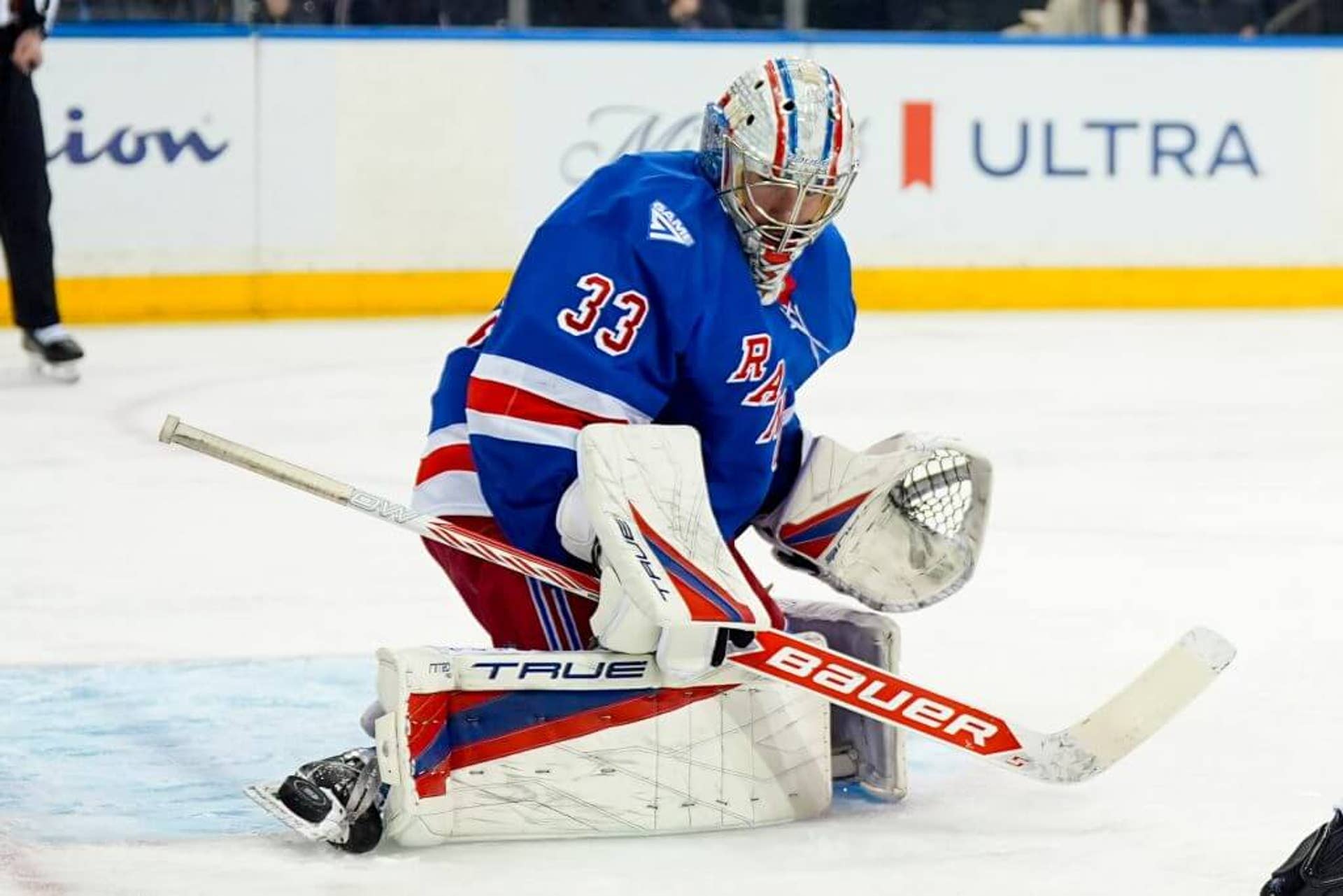 Dylan Garand of the New York Rangers makes a save during the first period of a game against the Winnipeg Jets.