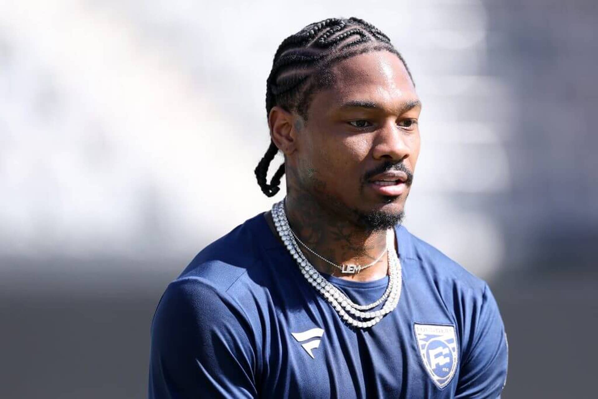 Stefon Diggs attends the practice and press conferences during the Fanatics Flag Football Classic at BMO Stadium on March 20, 2026