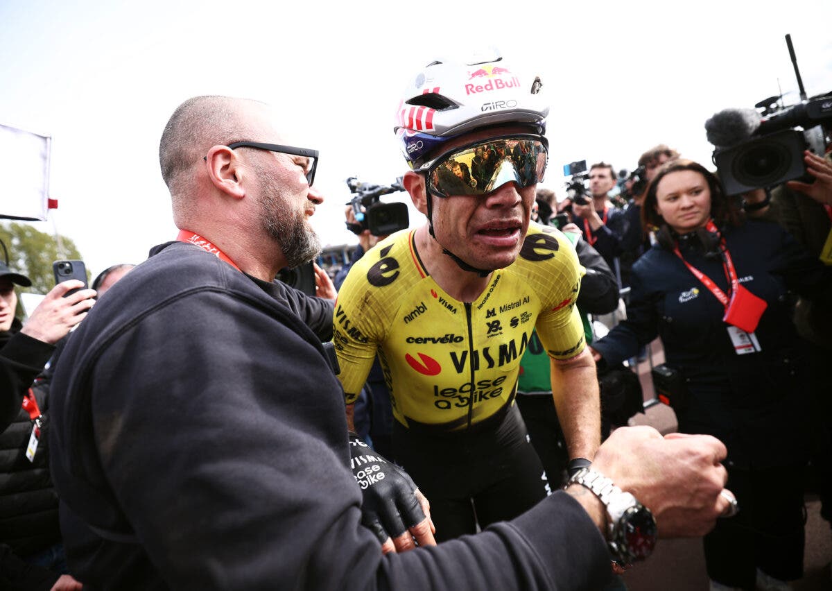 ROUBAIX, FRANCE - APRIL 12: Race winner Wout van Aert of Belgium and Team Visma | Lease a Bike reacts after the 123rd Paris-Roubaix Hauts-de-France 2026 - Men's Elite a 258.3km one day race from Compiegne to Roubaix / #UCIWT / on April 12, 2026 in Roubaix, France. (Photo by )