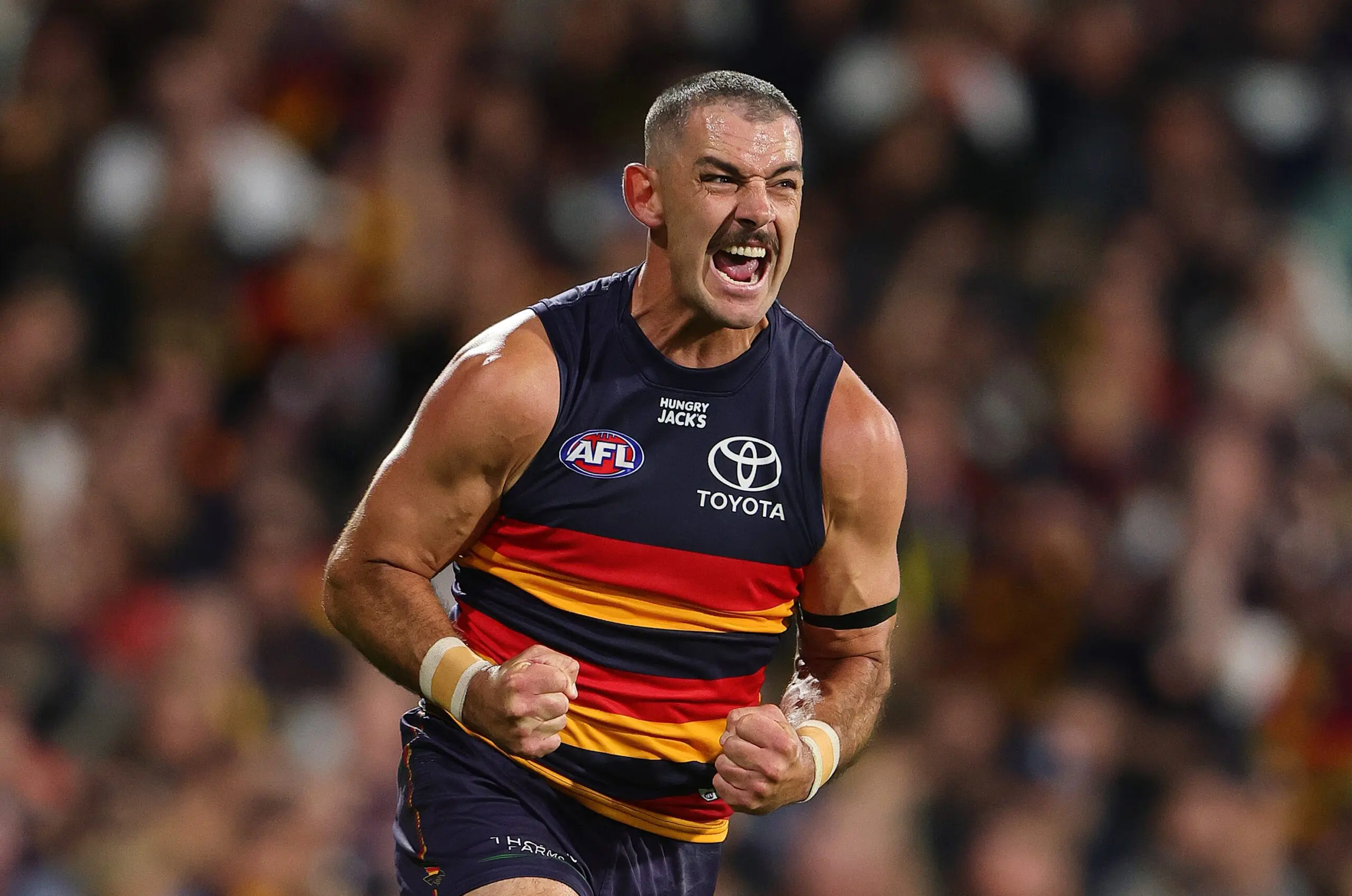 ADELAIDE, AUSTRALIA - APRIL 18: Taylor Walker of the Crows celebrates a goal during the 2026 AFL Round 06 match between the Adelaide Crows and the St Kilda Saints at Adelaide Oval on April 18, 2026 in Adelaide, Australia. (Photo by Sarah Reed/AFL Photos via Getty Images)