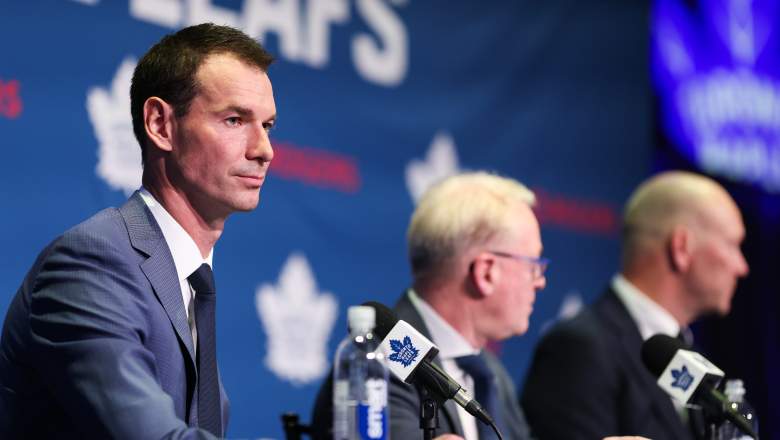 John Chayka speaks at a press conference where he is announced as General Manager and Mats Sundin is introduced as Senior Executive Advisor of Hockey Operations of the Toronto Maple Leafs at Real Sports Bar & Grill on May 4, 2026 in Toronto, Ontario, Canada.