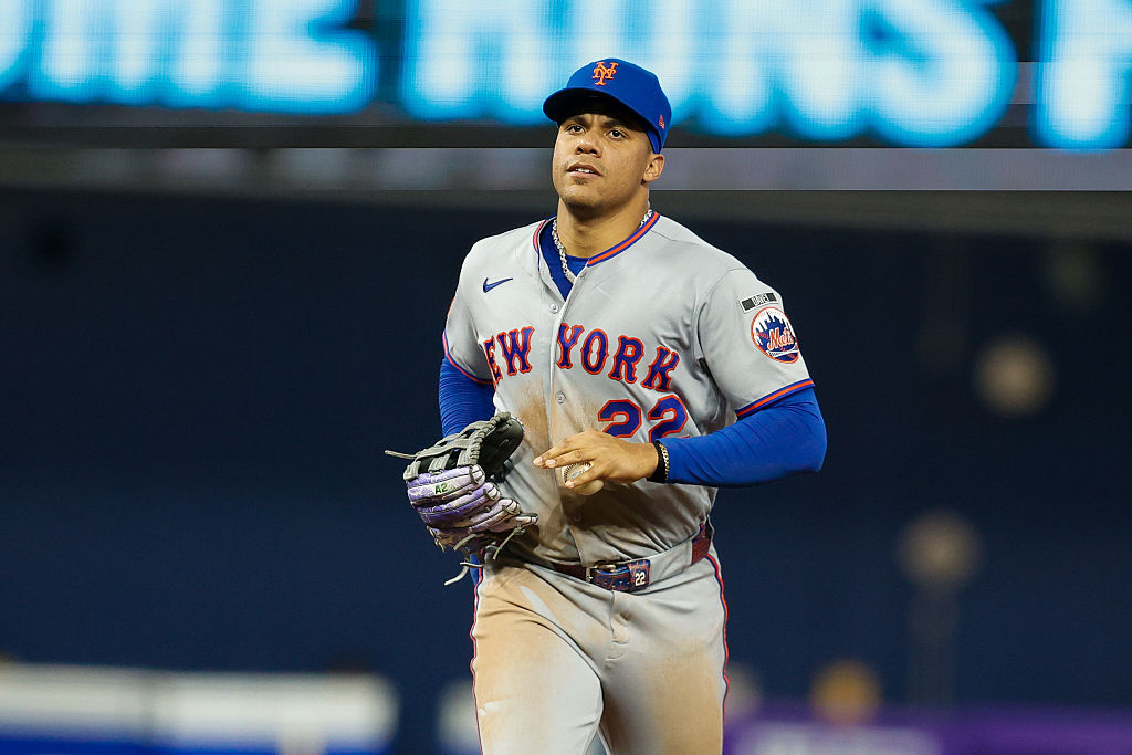 MIAMI, FL - MAY 23: New York Mets left fielder Juan Soto (22) looks on during a game between the Miami Marlins and the New York Mets on May 23, 2026 at LoanDepot Park in Miami, Florida.(Photo by Chris Arjoon/Icon Sportswire via Getty Images)