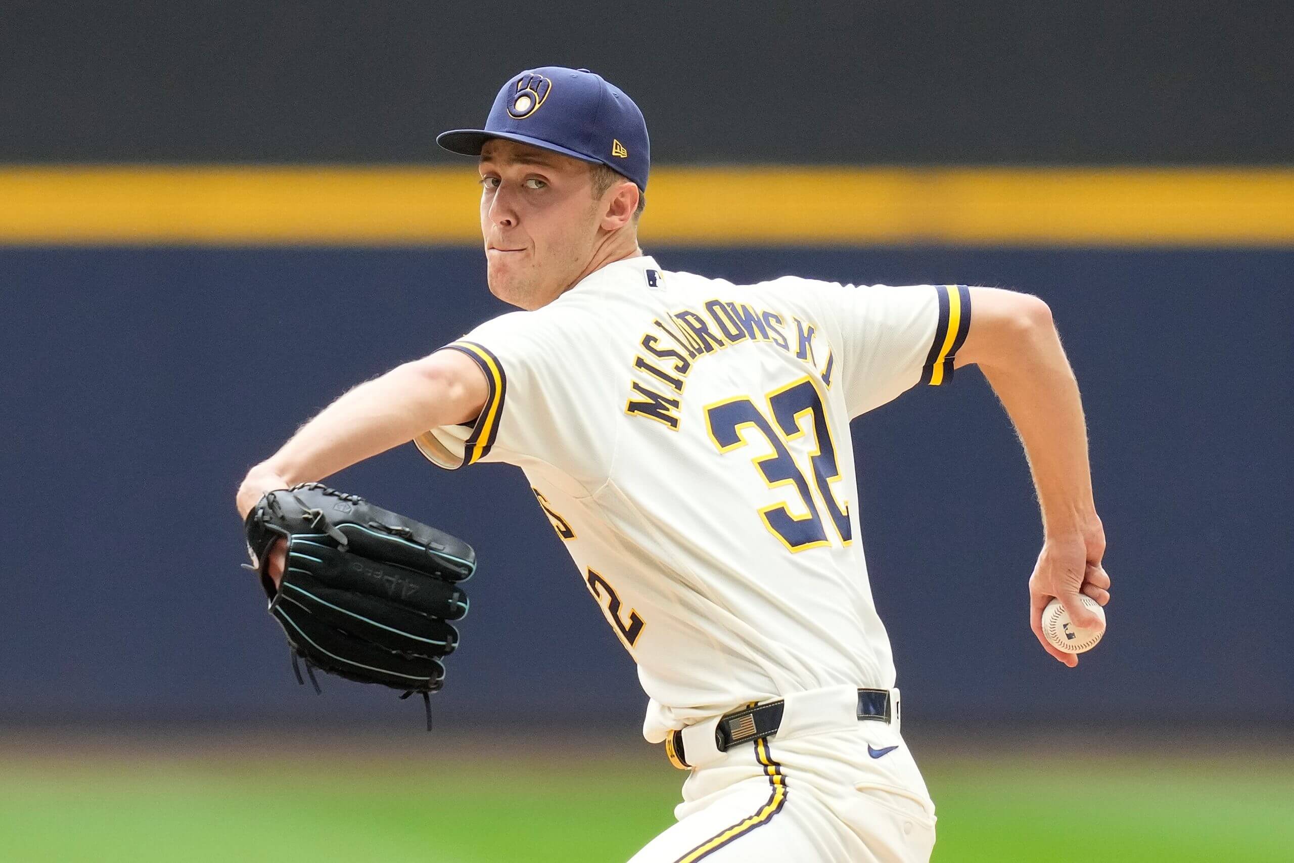 Jacob Misiorowski #32 of the Milwaukee Brewers throws a pitch in the first inning against the St. Louis Cardinals at American Family Field on May 25, 2026 in Milwaukee, Wisconsin.