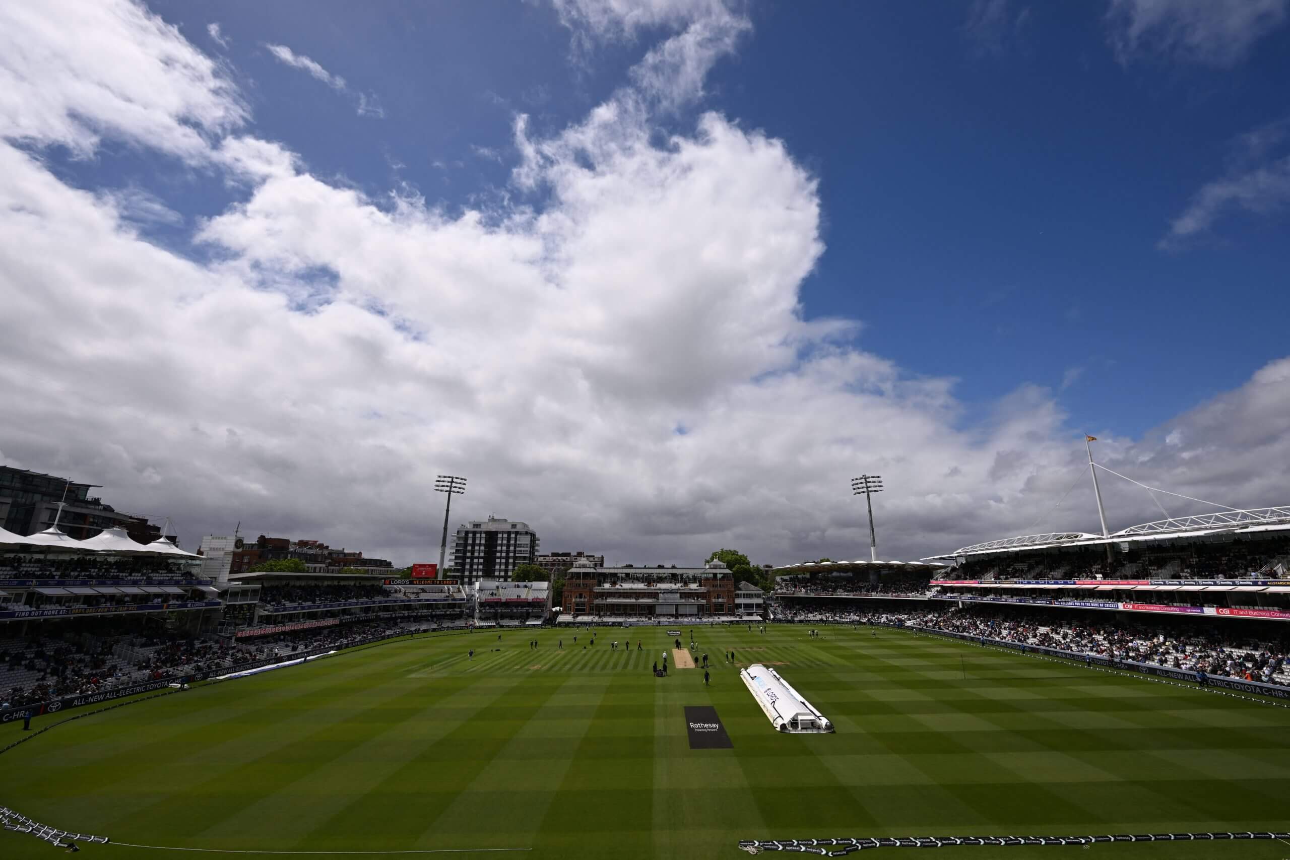 Bright sunshine at Lord's while while the players and umpires take lunch