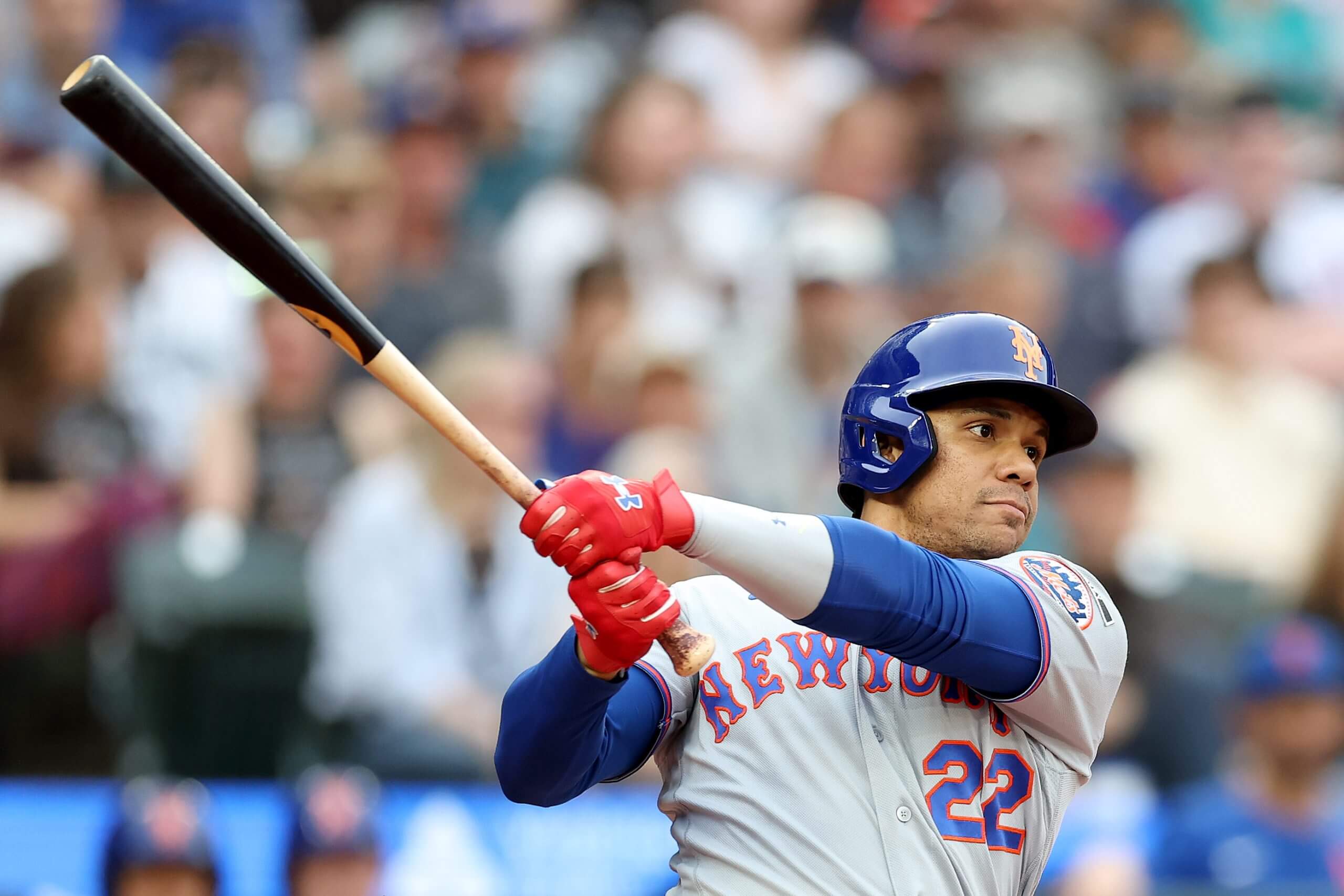 Juan Soto #22 of the New York Mets grounds out during the fourth inning against the Seattle Mariners at T-Mobile Park on June 01, 2026 in Seattle, Washington.