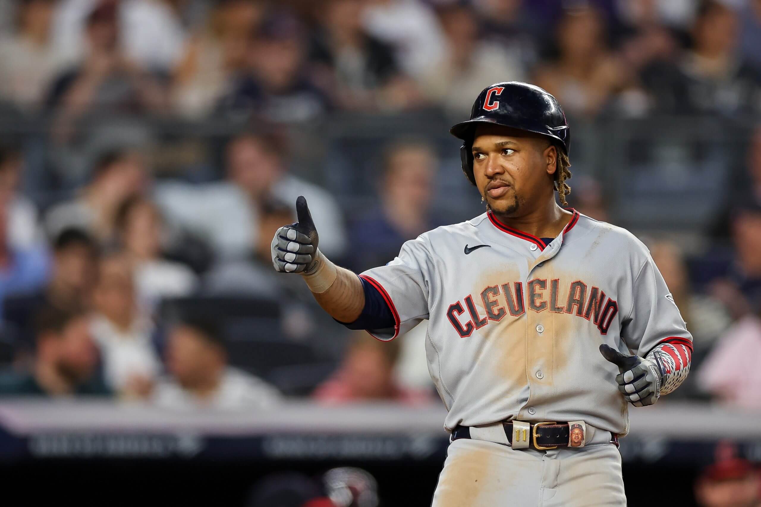 José Ramírez #11 of the Cleveland Guardians celebrates after hitting a solo home run during the sixth inning against the New York Yankees at Yankee Stadium on June 03, 2026 in the Bronx borough of New York City.
