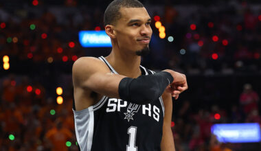 SAN ANTONIO, TEXAS - JUNE 03: Victor Wembanyama #1 of the San Antonio Spurs reacts during the second quarter against the New York Knicks in Game One of the 2026 NBA Finals at Frost Bank Center on June 03, 2026 in San Antonio, Texas. NOTE TO USER: User expressly acknowledges and agrees that, by downloading and or using this photograph, User is consenting to the terms and conditions of the Getty Images License Agreement. (Photo by Gregory Shamus/Getty Images)