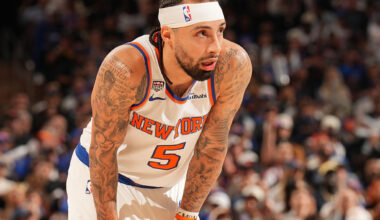 NEW YORK, NY - JUNE 5: Jose Alvarado #5 of the New York Knicks looks on during the game against the San Antonio Spurs during Game Three of the 2026 NBA Finals on June 8, 2026 at Madison Square Garden in New York, New York. NOTE TO USER: User expressly acknowledges and agrees that, by downloading and or using this photograph, User is consenting to the terms and conditions of the Getty Images License Agreement. Mandatory Copyright Notice: Copyright 2026 NBAE(Photo by Jesse D. Garrabrant/NBAE via Getty Images)