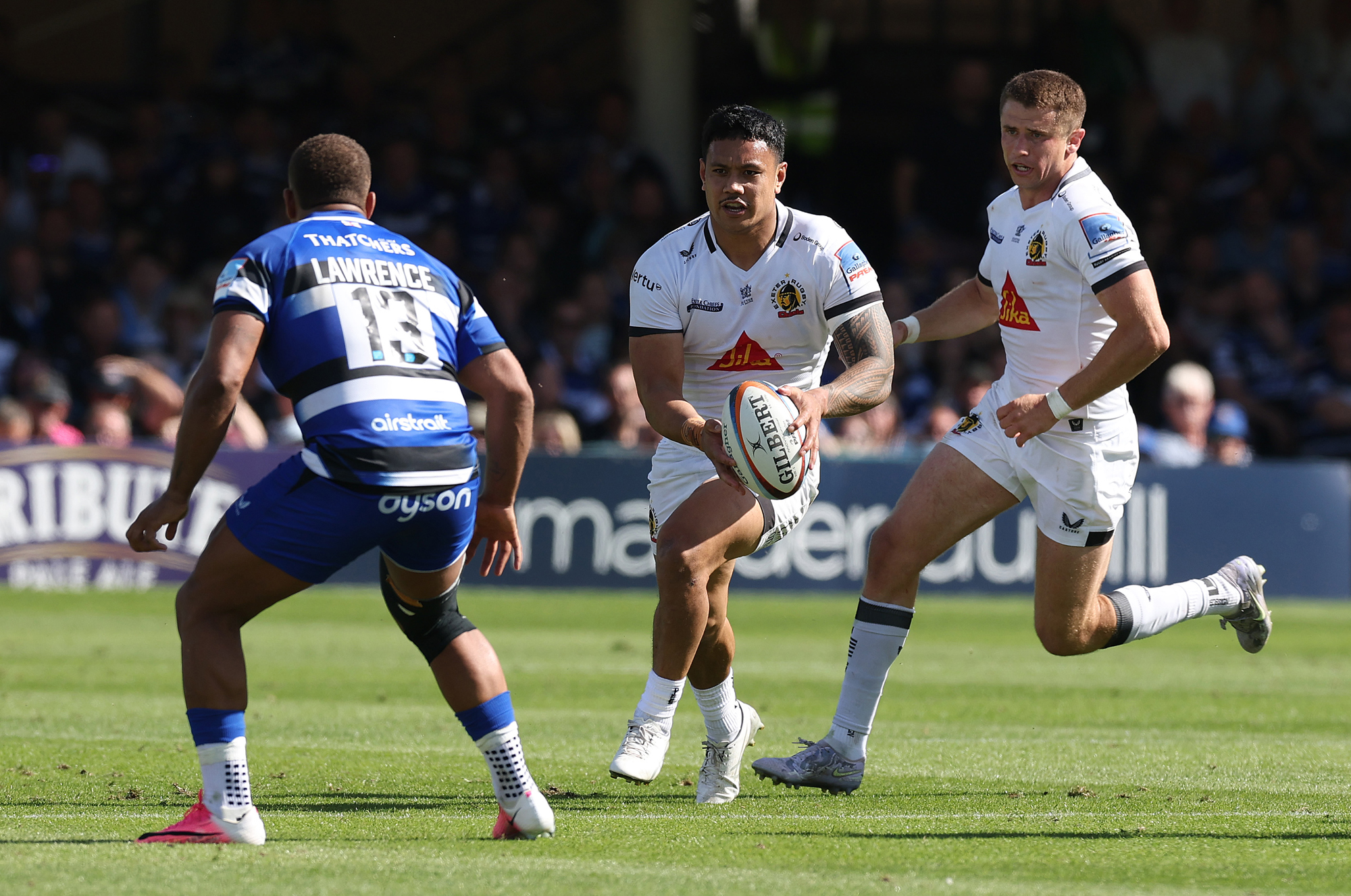 Exeter Chiefs' Len Ikitau runs with the ball during his team's 2026 PREM play-off semi-final victory over Bath.