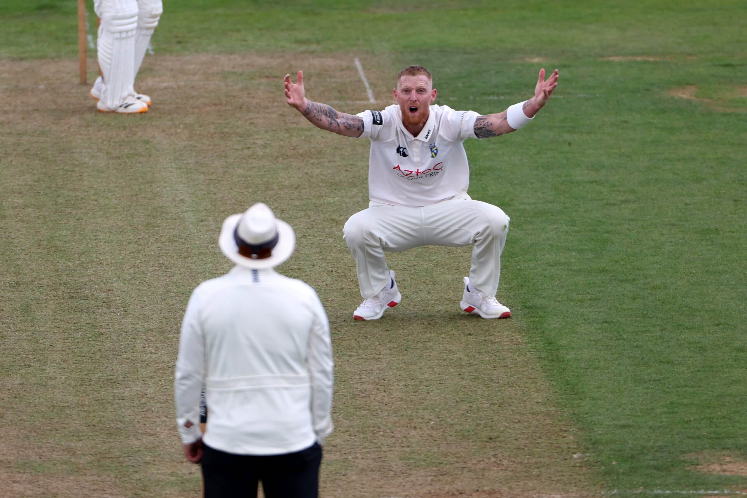 Ben Stokes, arms outstretched, appeals for leg-before-wicket during Durham's County Championship match against Northamptonshire