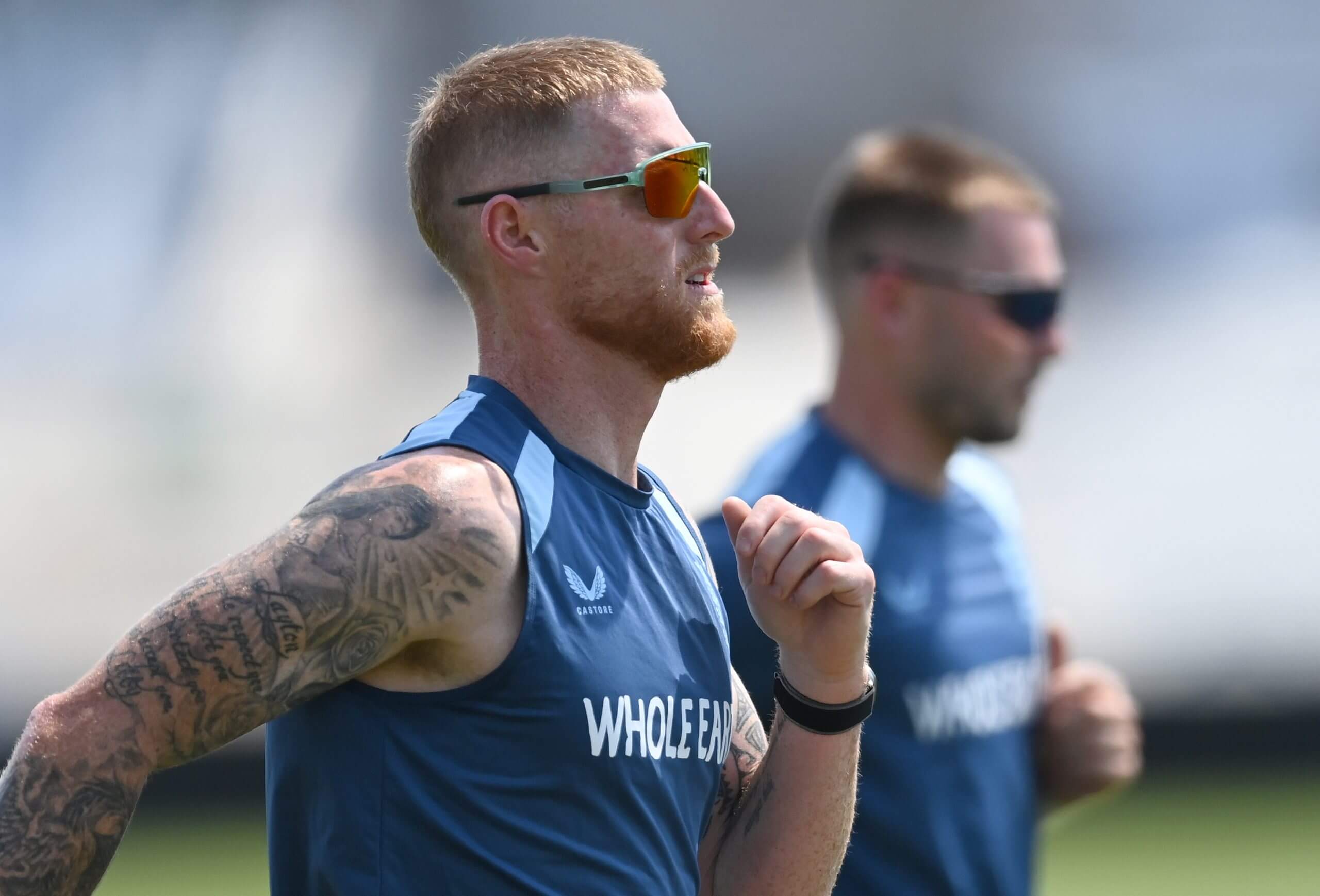Ben Stokes and Gus Atkinson perform a running drill
