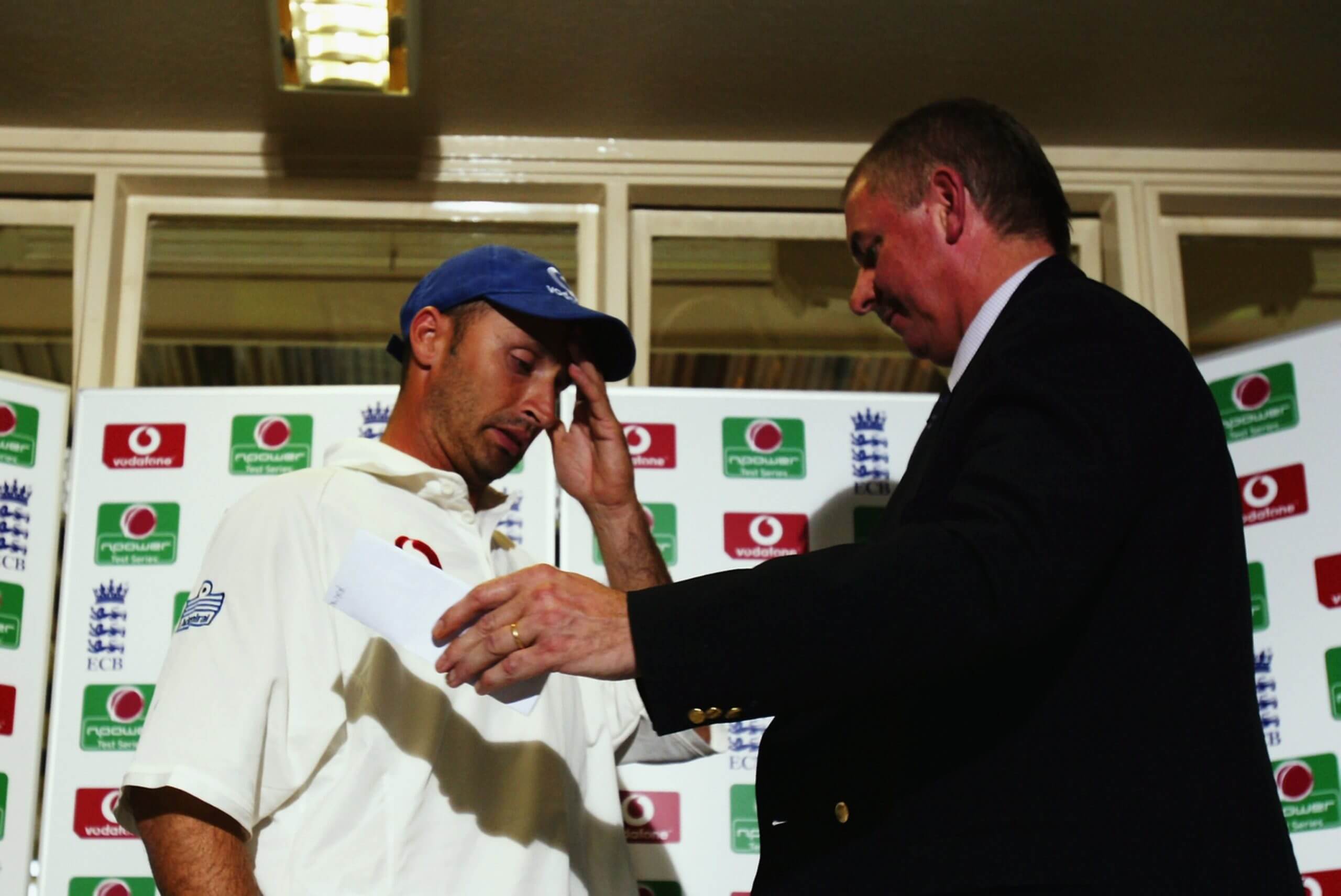 A distraught Nasser Hussain announces his resignation alongside England's then chairman of selectors David Graveney at Edgbaston in 2003
