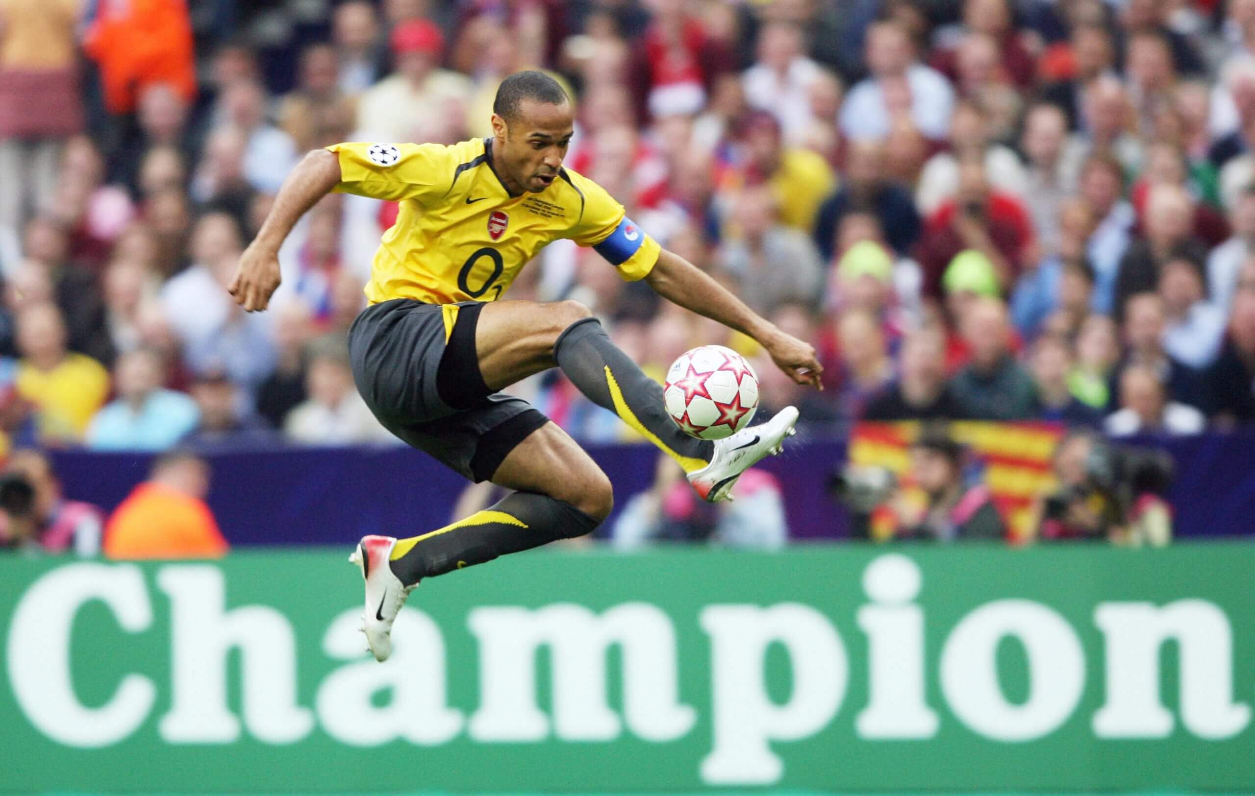Thierry Henry pictured controlling an aerial ball during his time at Arsenal