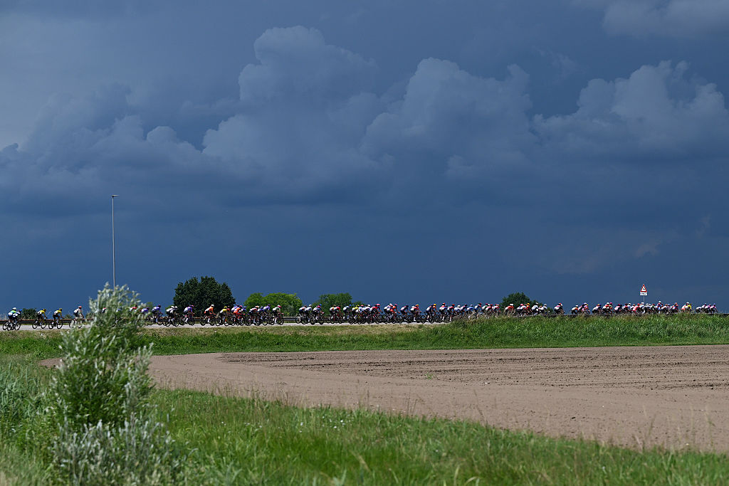A general view of the peloton during stage 3 of the 2026 Giro d'Italia Women between Bibione and Buja, Italy. (Photo by Luc Claessen/Getty Images)