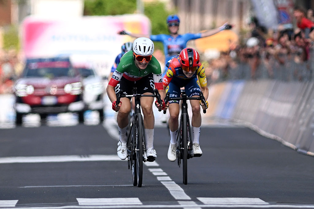 SALUZZO, ITALY - JUNE 07: (L-R) Stage winner Elisa Longo Borghini of Italy and UAE Team ADQ and Niamh Fisher-Black of New Zealand and Team Lidl - Trek sprint at finish line during the 37th Giro d&amp;apos;Italia Women 2026 - Stage 9 a 145km stage from Saluzzo to Saluzzo / #UCIWWT / on June 07, 2026 in Saluzzo, Italy. (Photo by Luc Claessen/Getty Images)