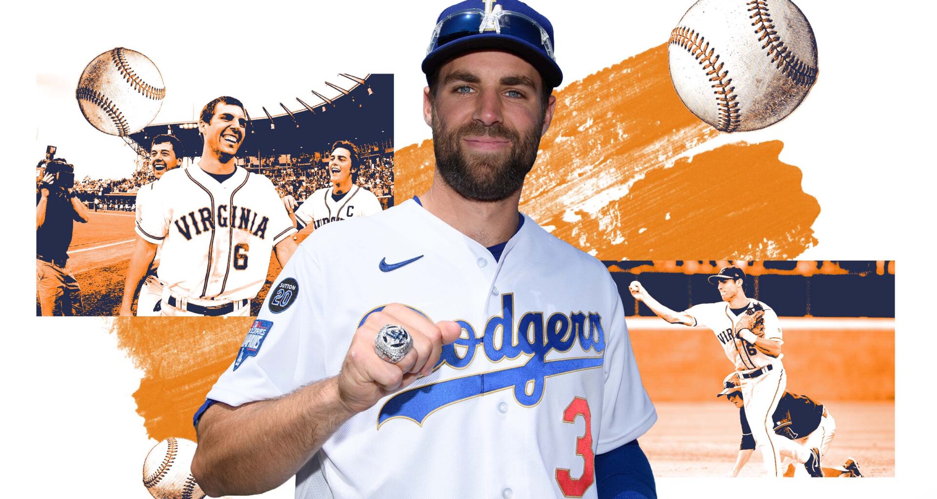 Collage of images of Chris Taylor and baseball graphics.